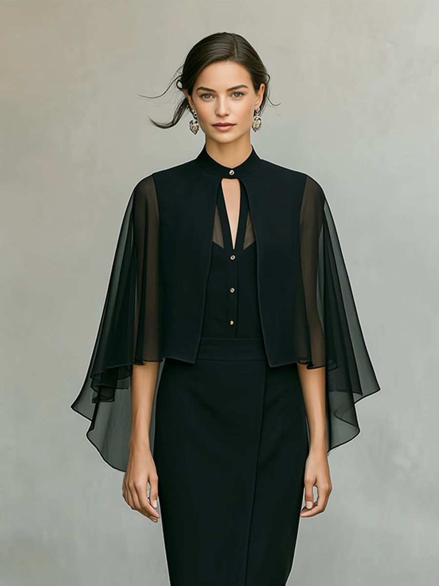 Black Crepe Cape Overlay & Midi Dress Set