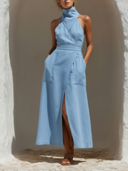 Women's Light Blue Linen-Blend Halter Neck Wrap Maxi Dress With Waist Tie & Front Slit, Timeless Resort-Chic Style Dress MDZ1473D5LYL