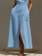 Women's Light Blue Linen-Blend Halter Neck Wrap Maxi Dress With Waist Tie & Front Slit, Timeless Resort-Chic Style Dress MDZ1473D5LYL