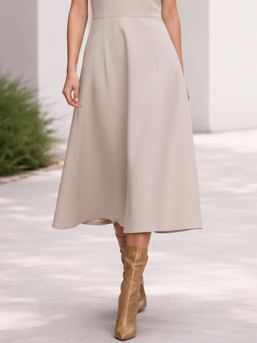 Beige & Purple Color-Block Collared A-Line Midi Dress