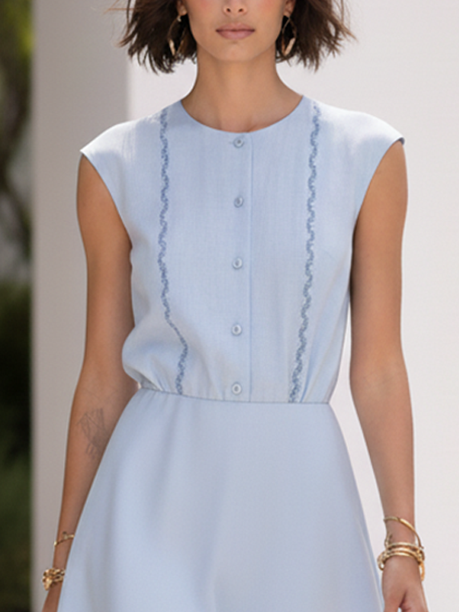 Women's Elegant Light Blue Cotton And Linen Embroidered Sleeveless Button-Down Midi Dress MDZ1495D3GMJ