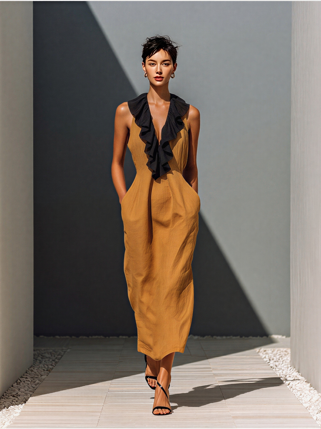 Women’s Camel Linen-Blend Sleeveless Contrast Ruffle Trim Deep V-Neck Midi Dress With Pockets MDZ1558D9T