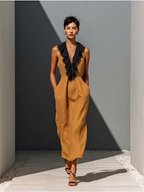 Women’s Camel Linen-Blend Sleeveless Contrast Ruffle Trim Deep V-Neck Midi Dress With Pockets MDZ1558D9T