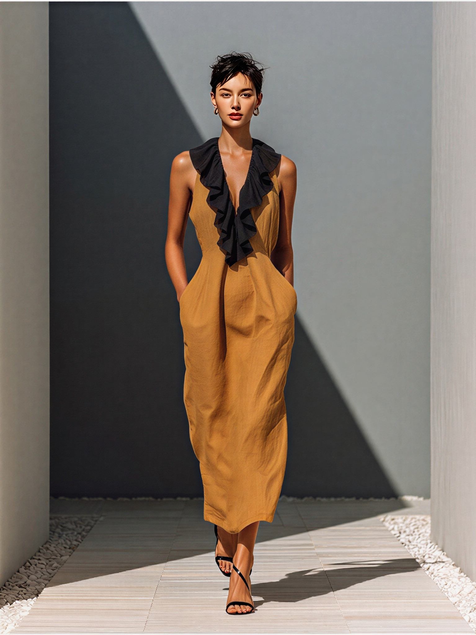 Women’s Camel Linen-Blend Sleeveless Contrast Ruffle Trim Deep V-Neck Midi Dress With Pockets MDZ1558D9T