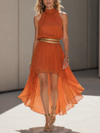 Orange Chiffon High-Neck Irregular Hem Mini Dress