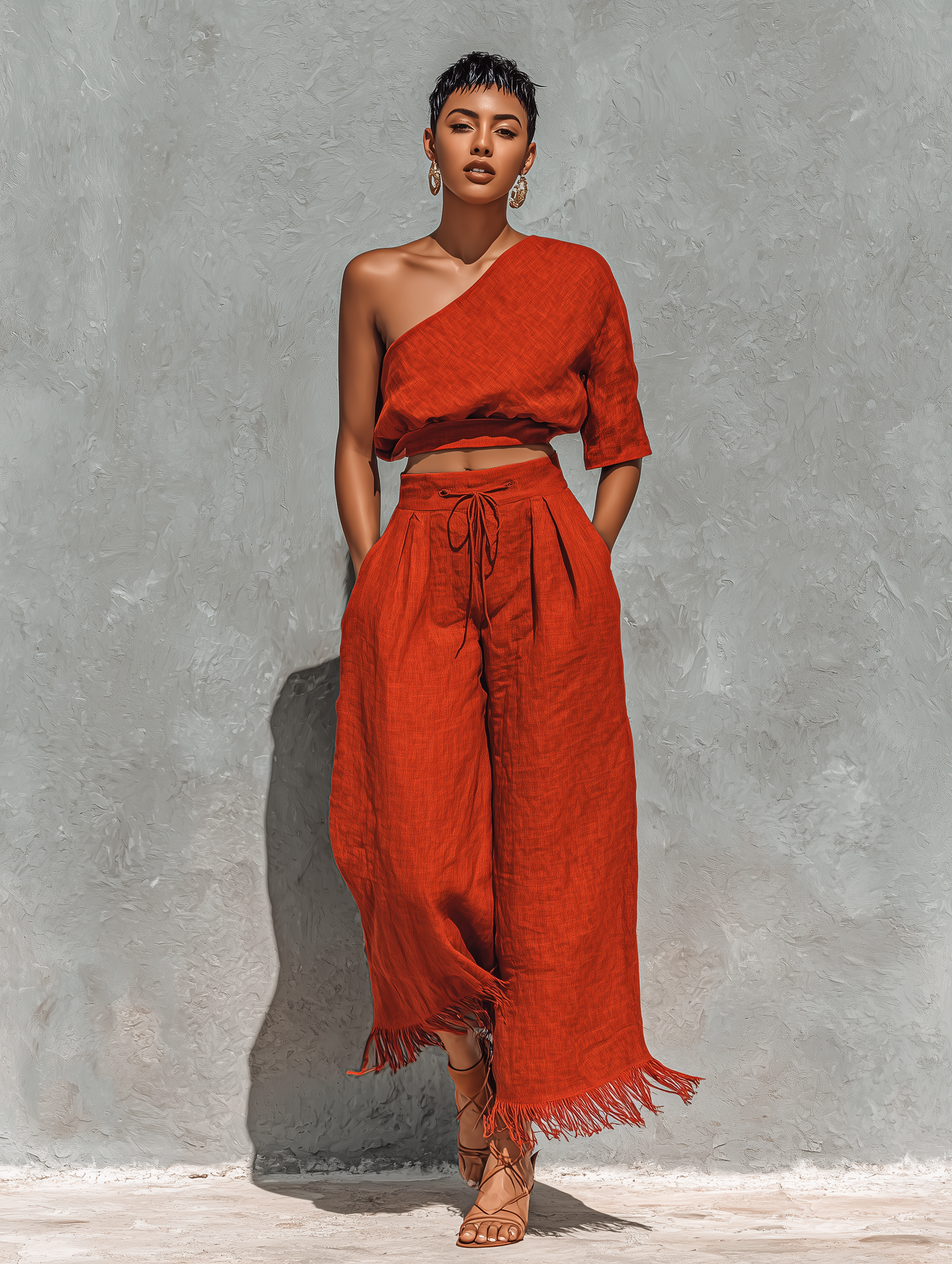 Rust Orange One-Shoulder Crop Top & Fringe Wide-Leg Set