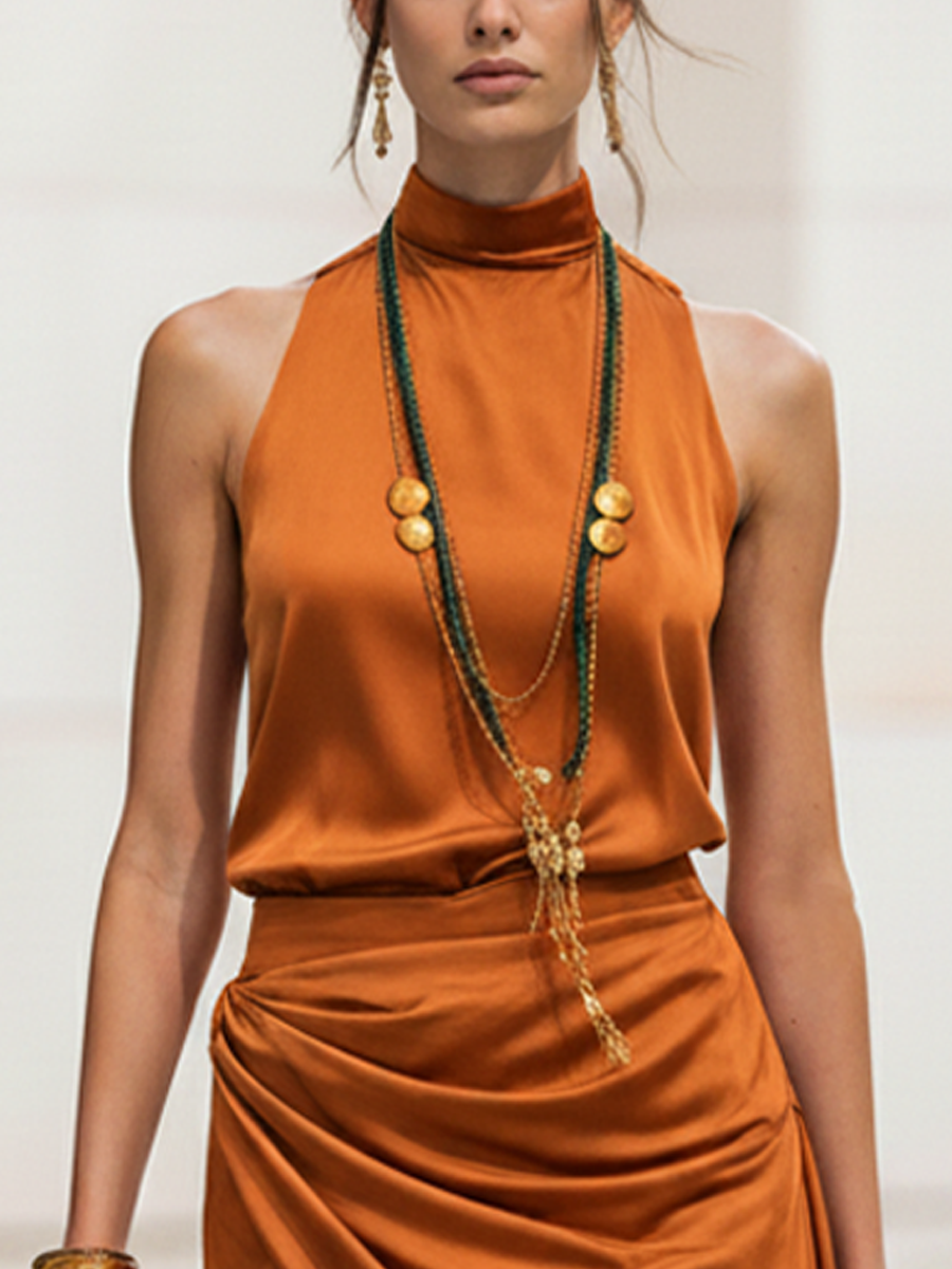 Orange Satin High-Neck Asymmetric Mini Dress