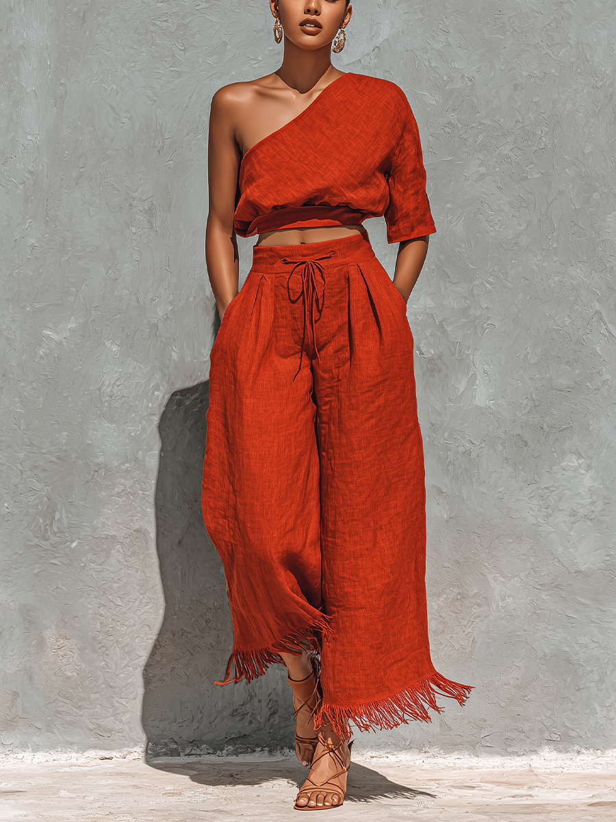 Rust Orange One-Shoulder Crop Top & Fringe Wide-Leg Set