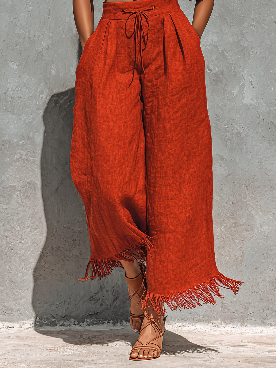 Rust Orange One-Shoulder Crop Top & Fringe Wide-Leg Set