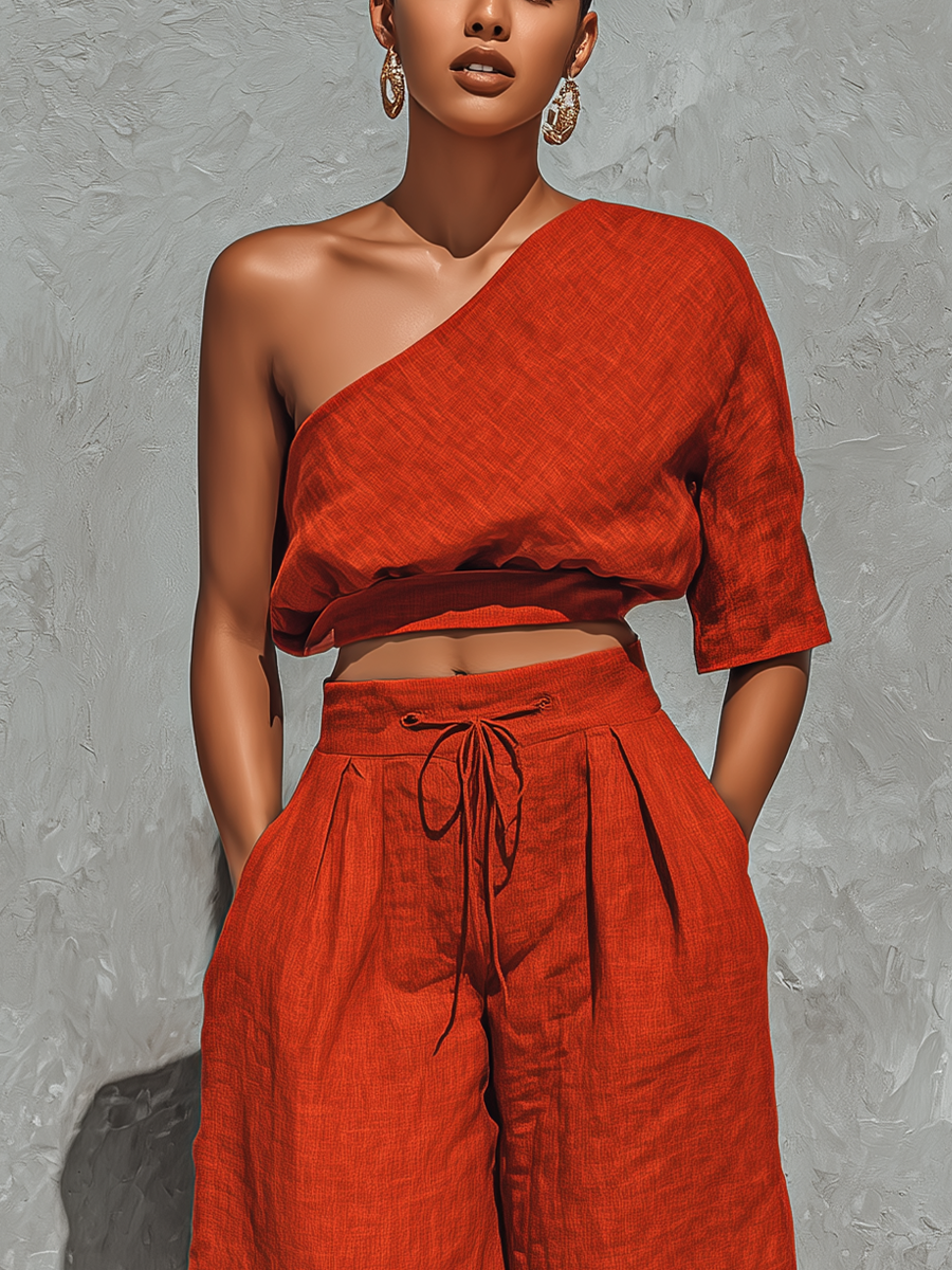 Rust Orange One-Shoulder Crop Top & Fringe Wide-Leg Set