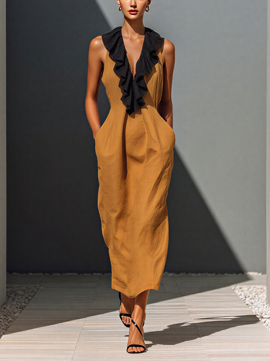 Women’s Camel Linen-Blend Sleeveless Contrast Ruffle Trim Deep V-Neck Midi Dress With Pockets MDZ1558D9T