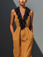 Women’s Camel Linen-Blend Sleeveless Contrast Ruffle Trim Deep V-Neck Midi Dress With Pockets MDZ1558D9T