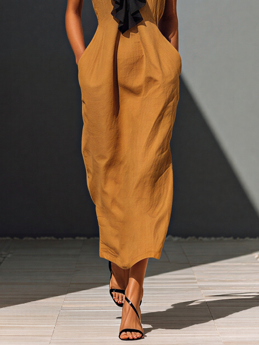 Women’s Camel Linen-Blend Sleeveless Contrast Ruffle Trim Deep V-Neck Midi Dress With Pockets MDZ1558D9T