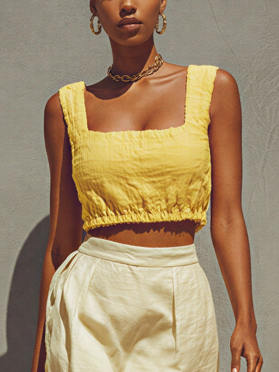 Yellow Smocked Crop Top & Frayed Hem Mini Skirt Set
