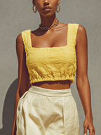 Yellow Smocked Crop Top & Frayed Hem Mini Skirt Set