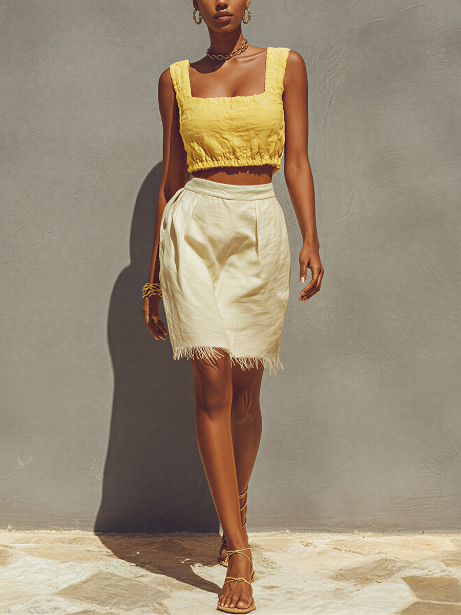 Yellow Smocked Crop Top & Frayed Hem Mini Skirt Set