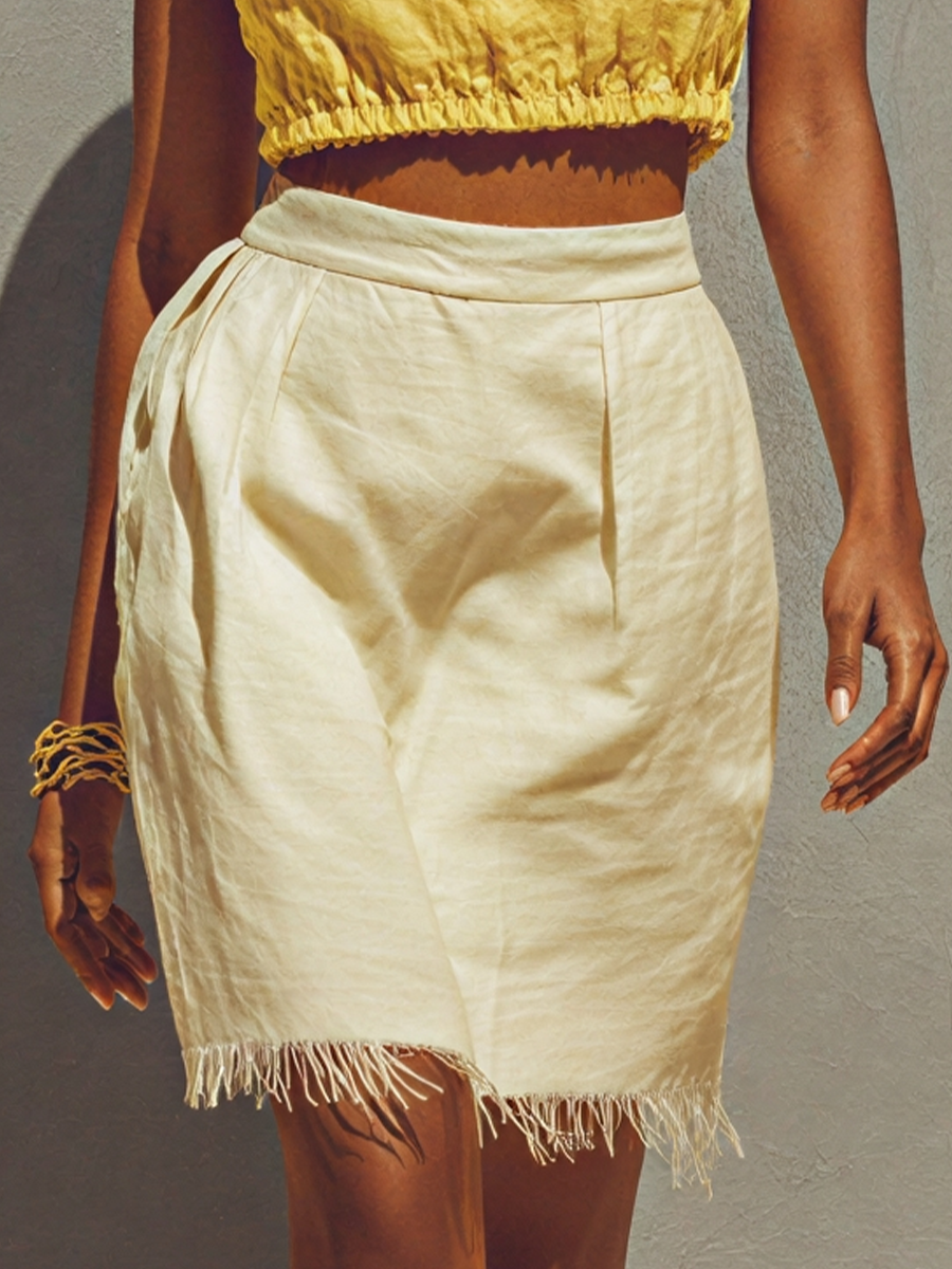 Yellow Smocked Crop Top & Frayed Hem Mini Skirt Set