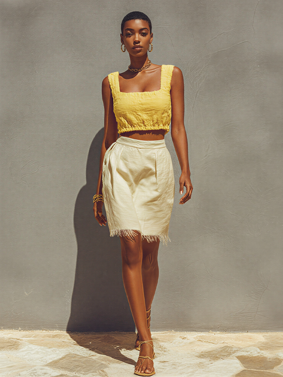 Yellow Smocked Crop Top & Frayed Hem Mini Skirt Set