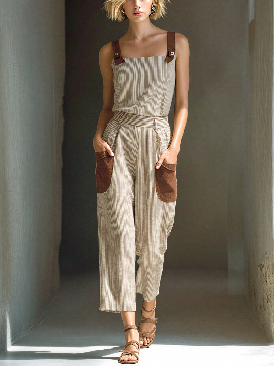 Beige & Brown Striped Square-Neck Top & Straight-Leg Set