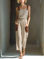 Beige & Brown Striped Square-Neck Top & Straight-Leg Set