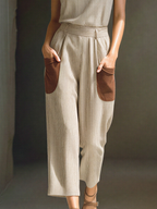 Beige & Brown Striped Square-Neck Top & Straight-Leg Set