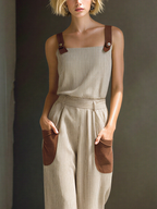 Beige & Brown Striped Square-Neck Top & Straight-Leg Set