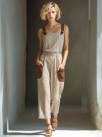 Beige & Brown Striped Square-Neck Top & Straight-Leg Set
