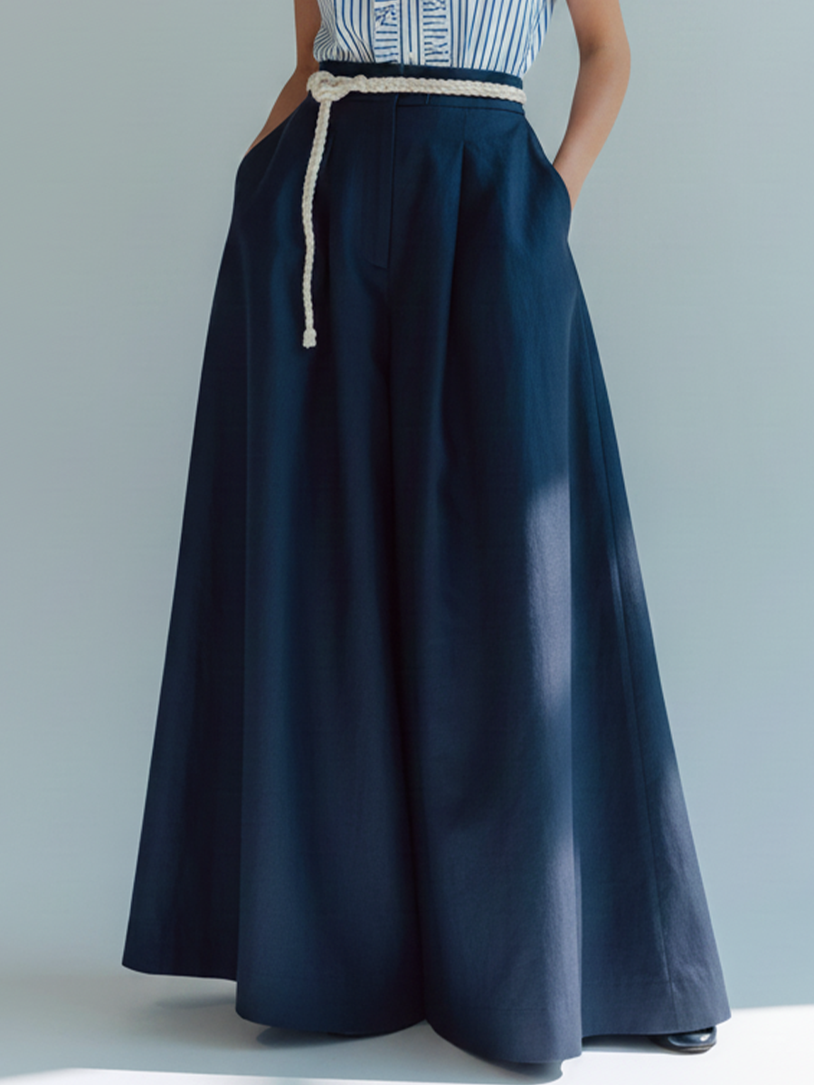 Striped Ruffle Shirt & Blue Linen A-Line Skirt Set