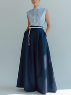 Striped Ruffle Shirt & Blue Linen A-Line Skirt Set