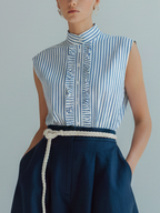 Striped Ruffle Shirt & Blue Linen A-Line Skirt Set