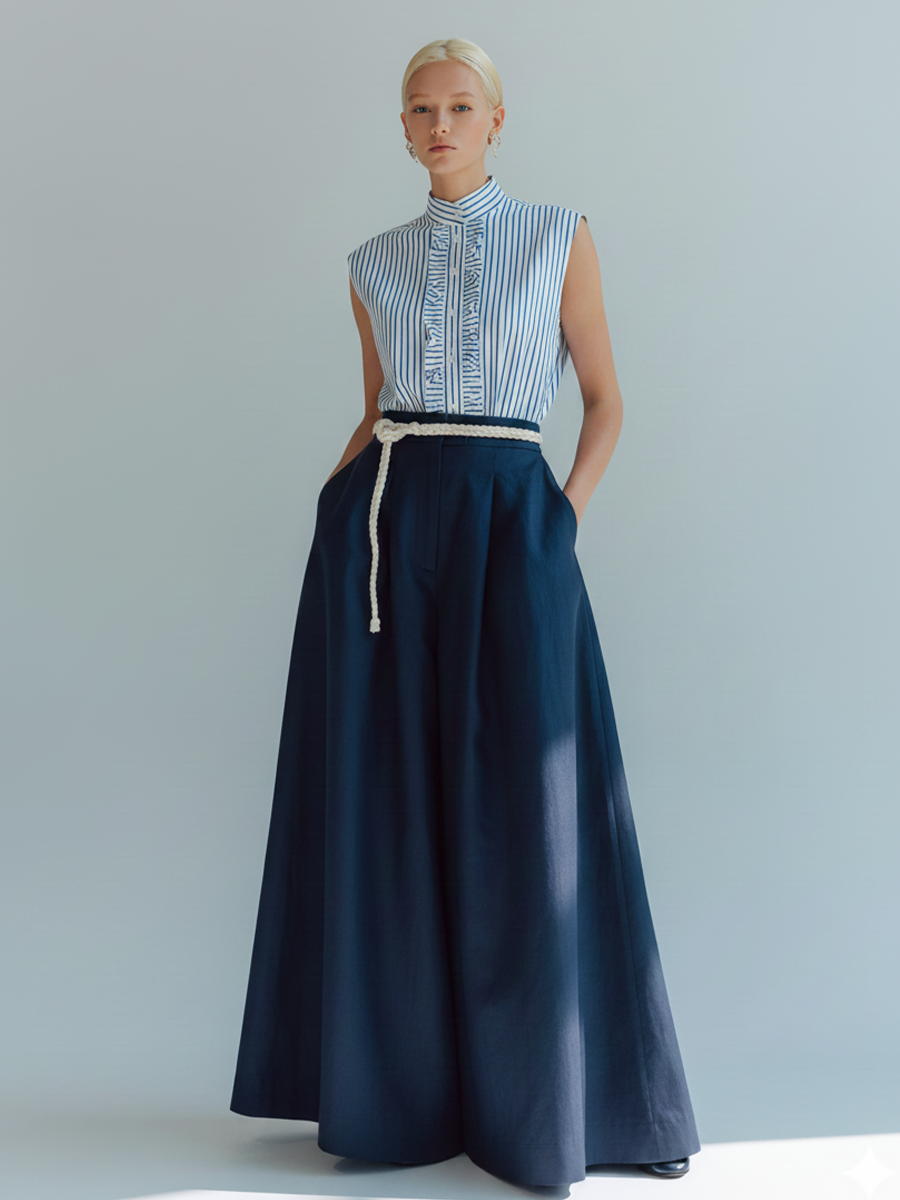 Striped Ruffle Shirt & Blue Linen A-Line Skirt Set