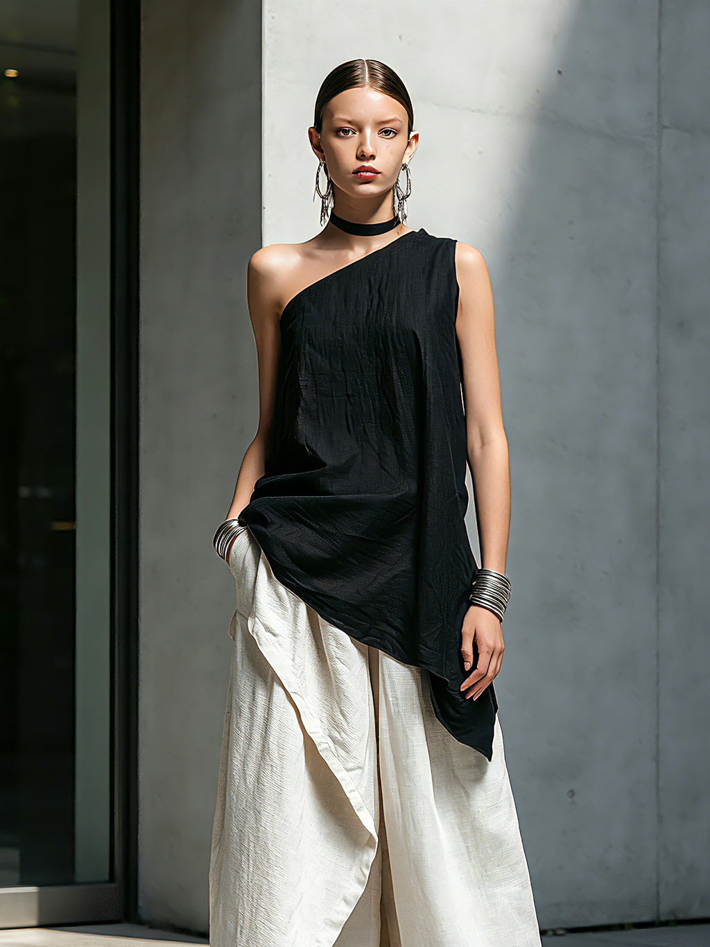 Black One-Shoulder Top & White Linen Trousers Set