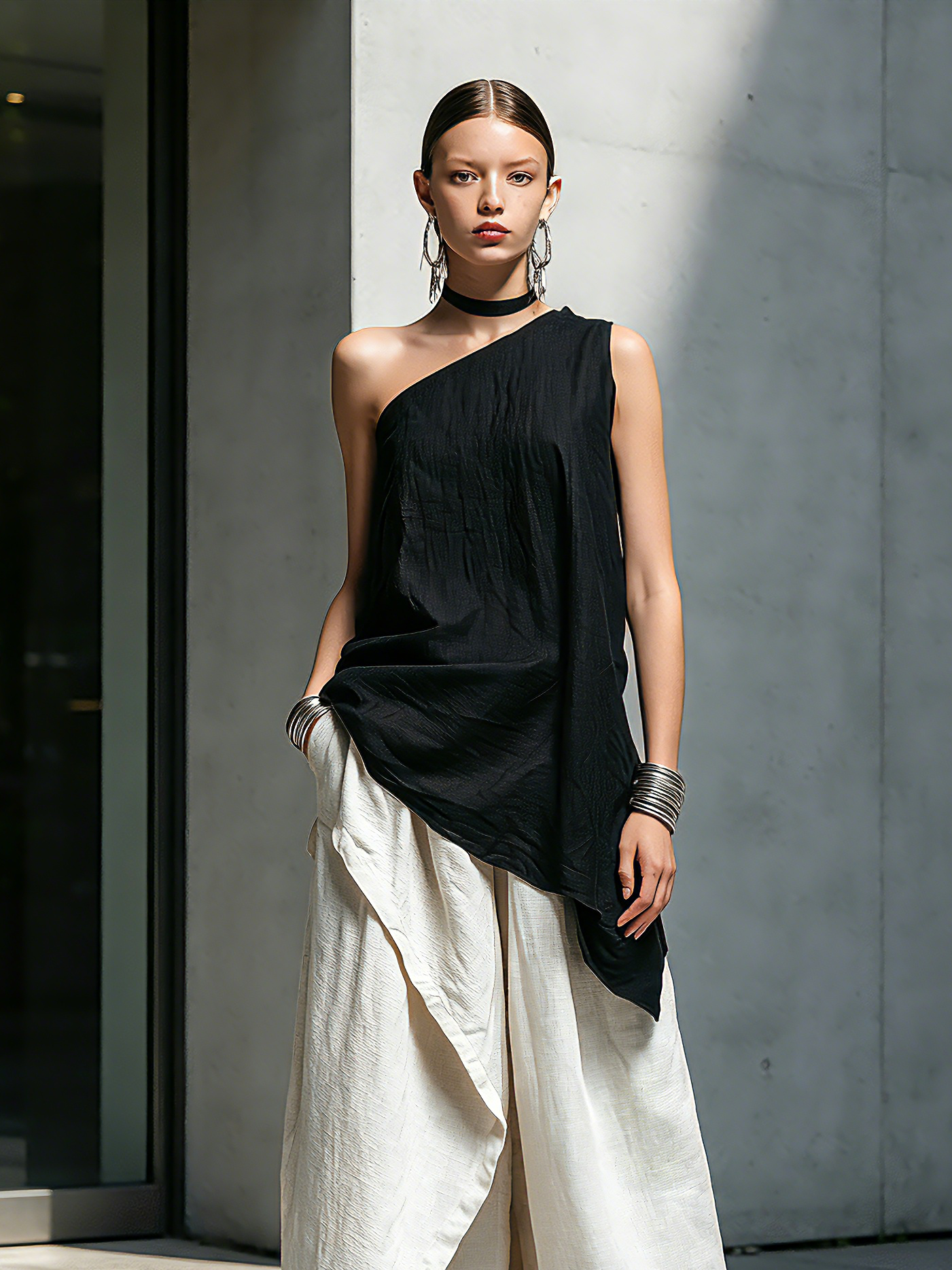 Black One-Shoulder Top & White Linen Trousers Set