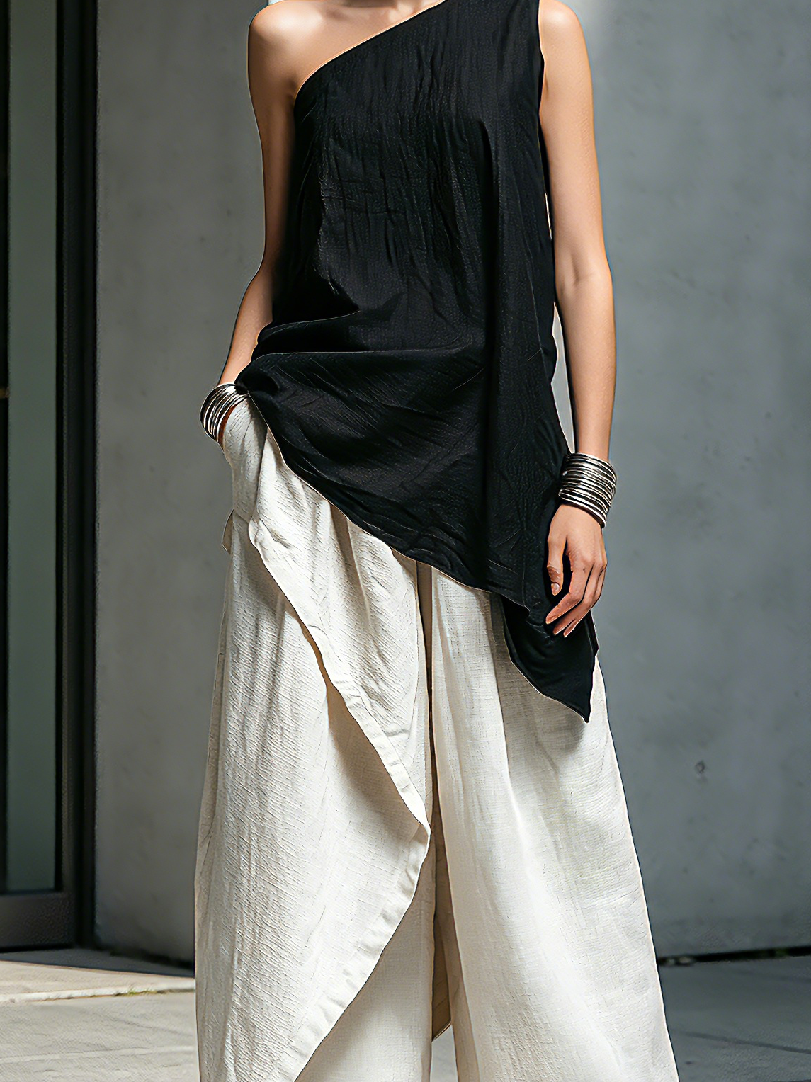 Black One-Shoulder Top & White Linen Trousers Set
