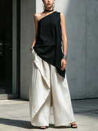 Black One-Shoulder Top & White Linen Trousers Set