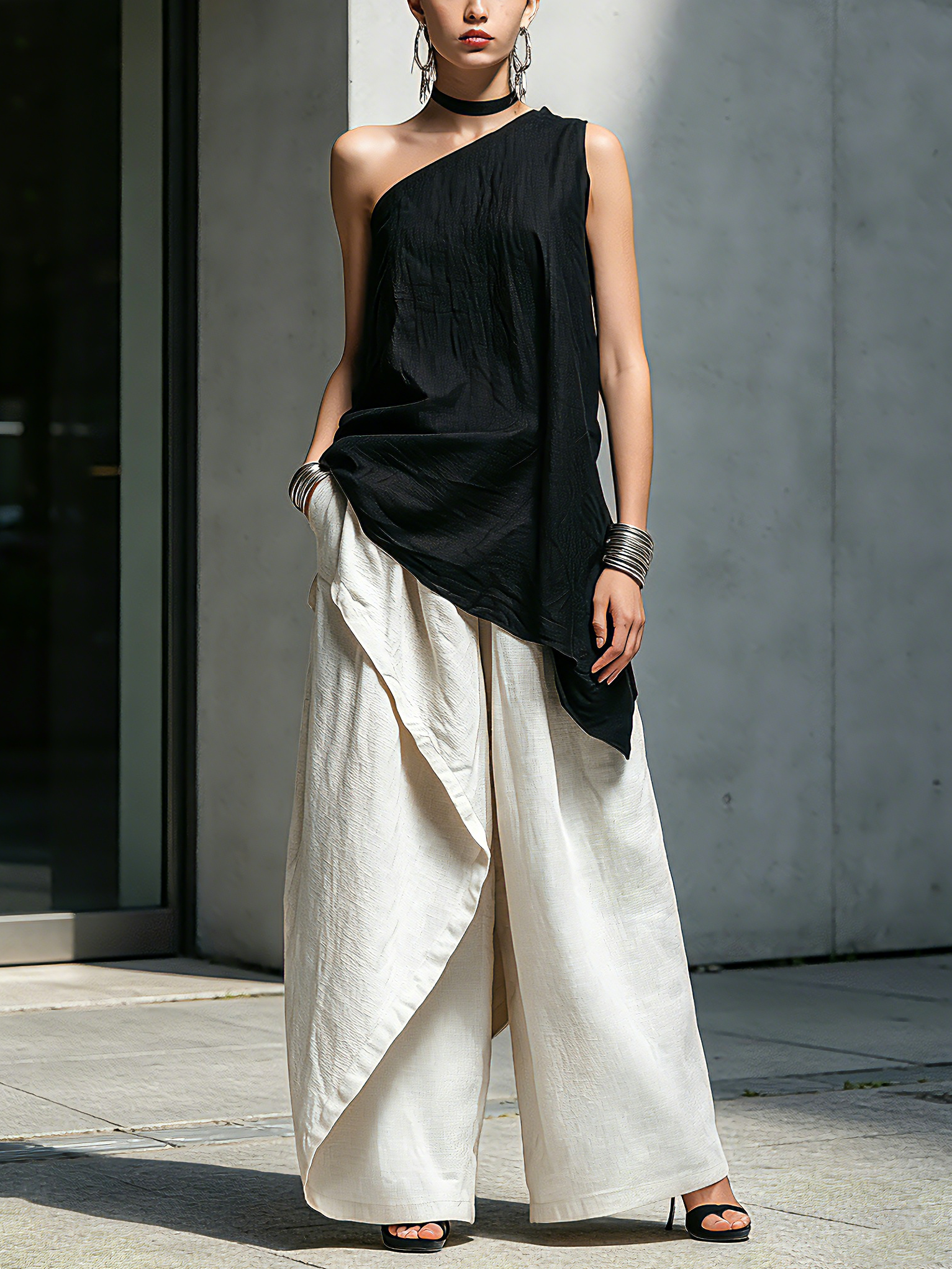 Black One-Shoulder Top & White Linen Trousers Set