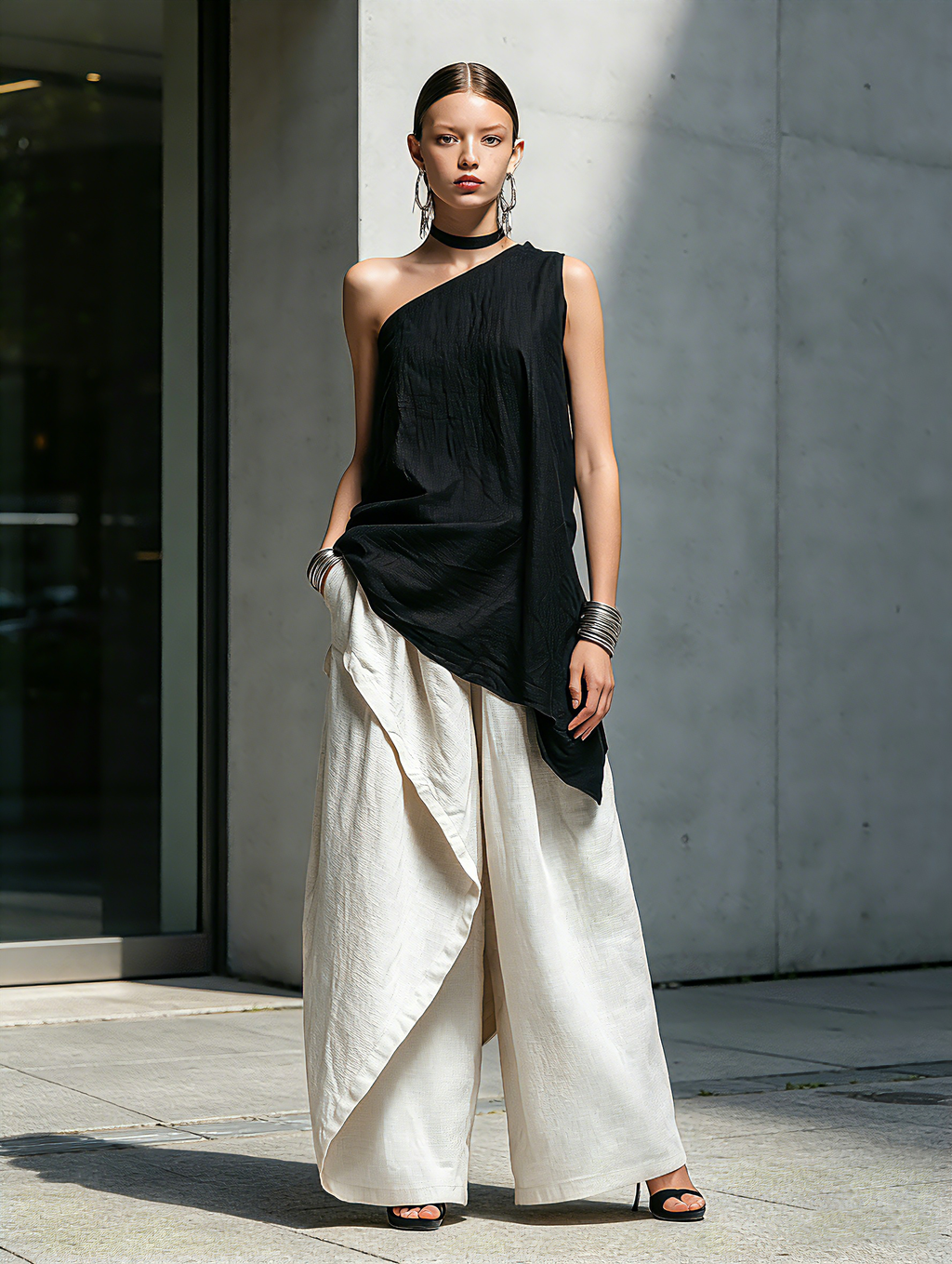 Black One-Shoulder Top & White Linen Trousers Set