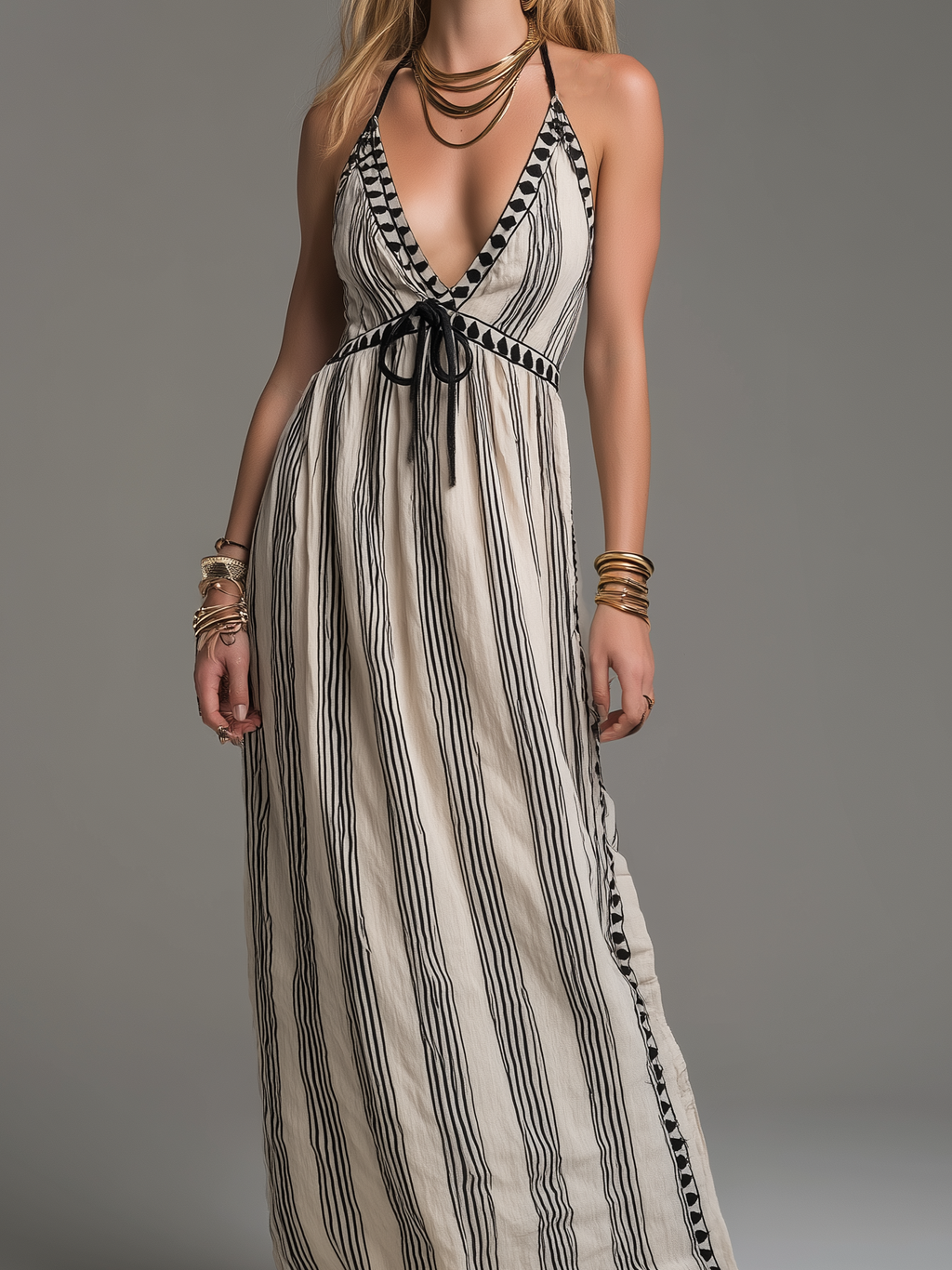 Women's Casual Black & White Striped Woven Sleeveless Spaghetti-Strap Maxi Dress MDZ1543D6LXY