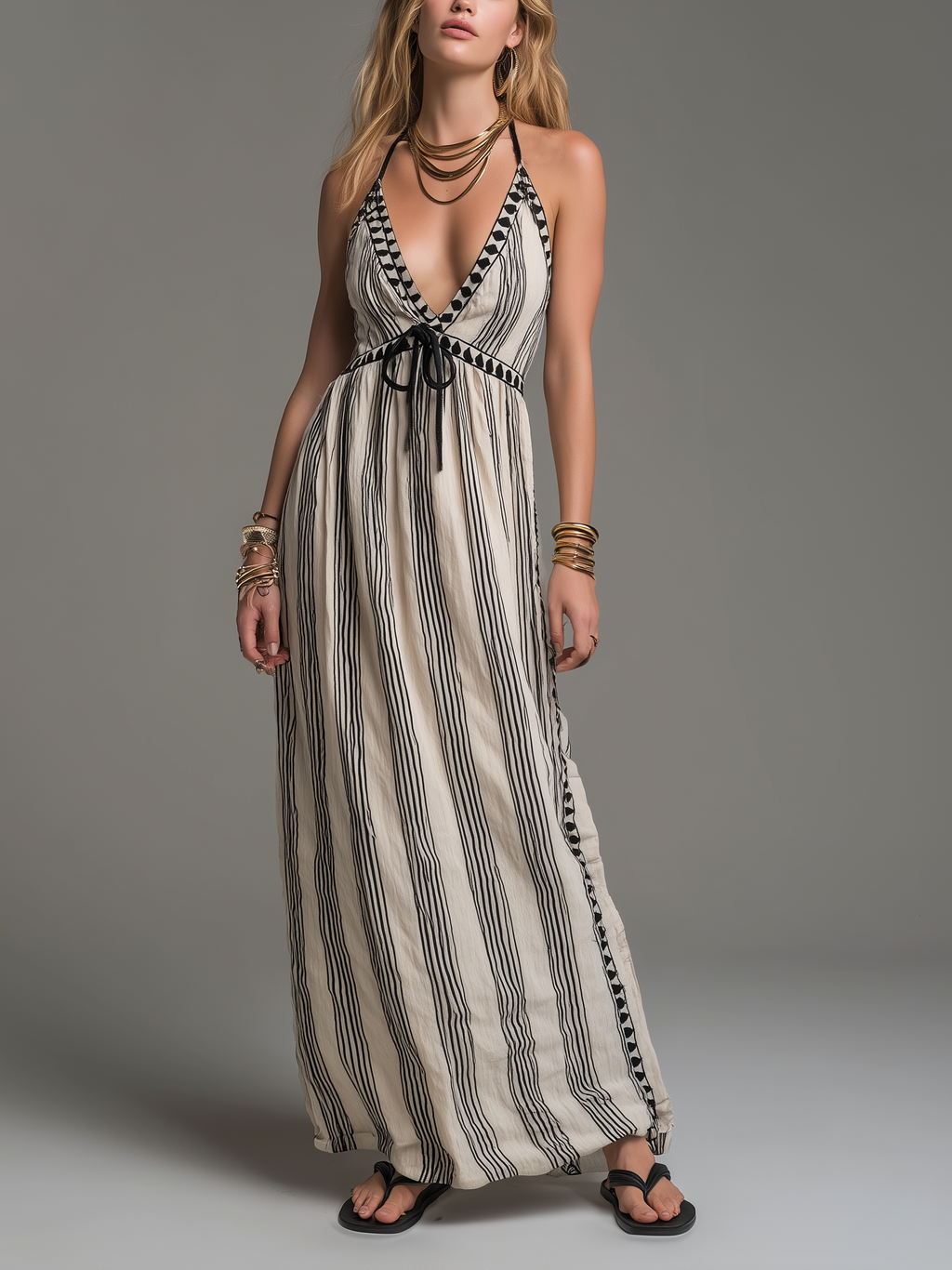 Women's Casual Black & White Striped Woven Sleeveless Spaghetti-Strap Maxi Dress MDZ1543D6LXY