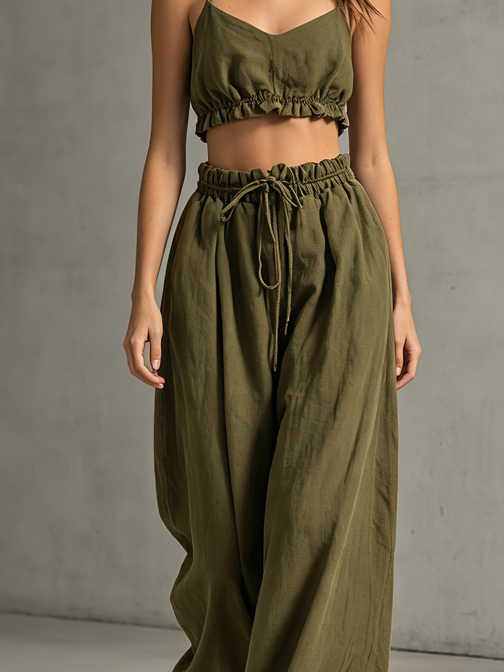 Army Green Cotton Linen Strappy Top & Trousers Set