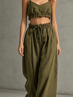 Army Green Cotton Linen Strappy Top & Trousers Set