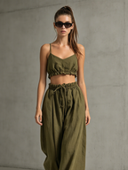 Army Green Cotton Linen Strappy Top & Trousers Set