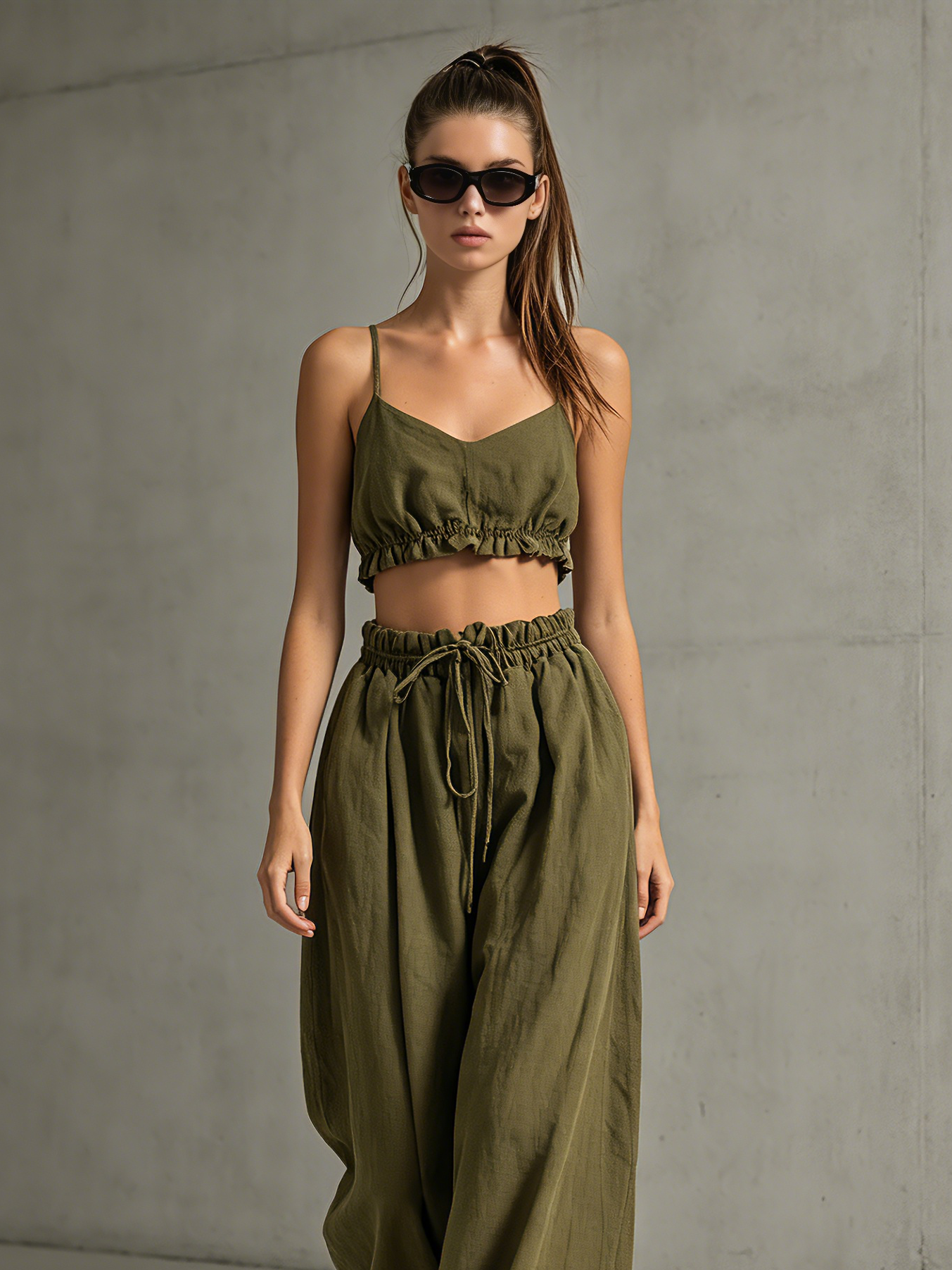 Army Green Cotton Linen Strappy Top & Trousers Set