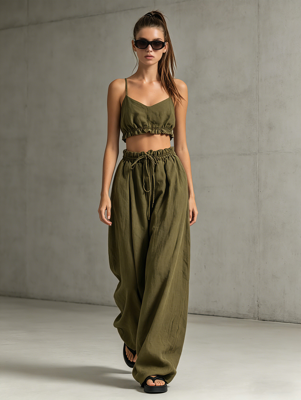 Army Green Cotton Linen Strappy Top & Trousers Set