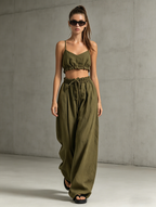 Army Green Cotton Linen Strappy Top & Trousers Set