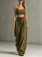 Army Green Cotton Linen Strappy Top & Trousers Set