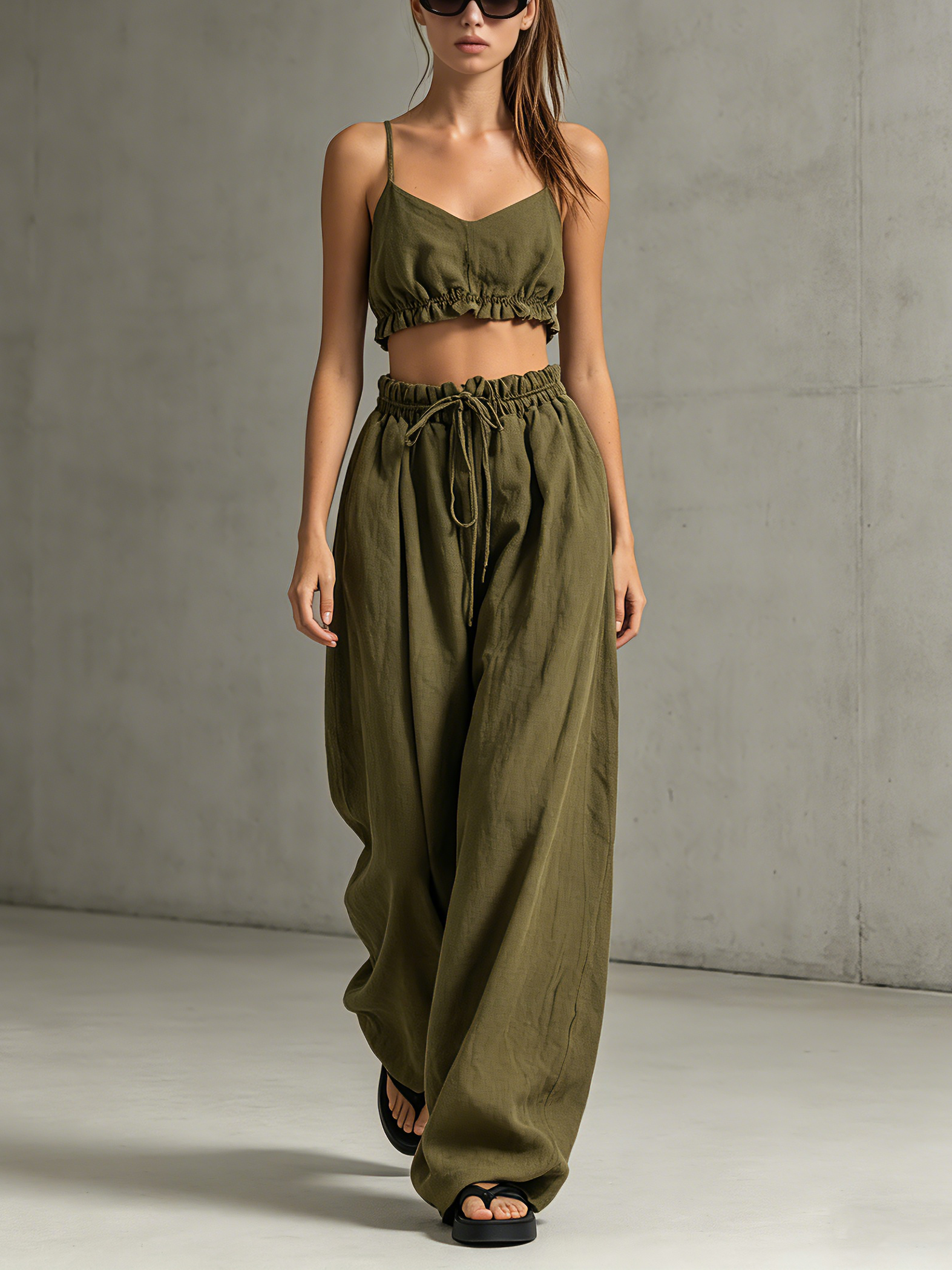 Army Green Cotton Linen Strappy Top & Trousers Set