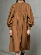 Brown Woven Crew-Neck Long-Sleeve Midi Dress