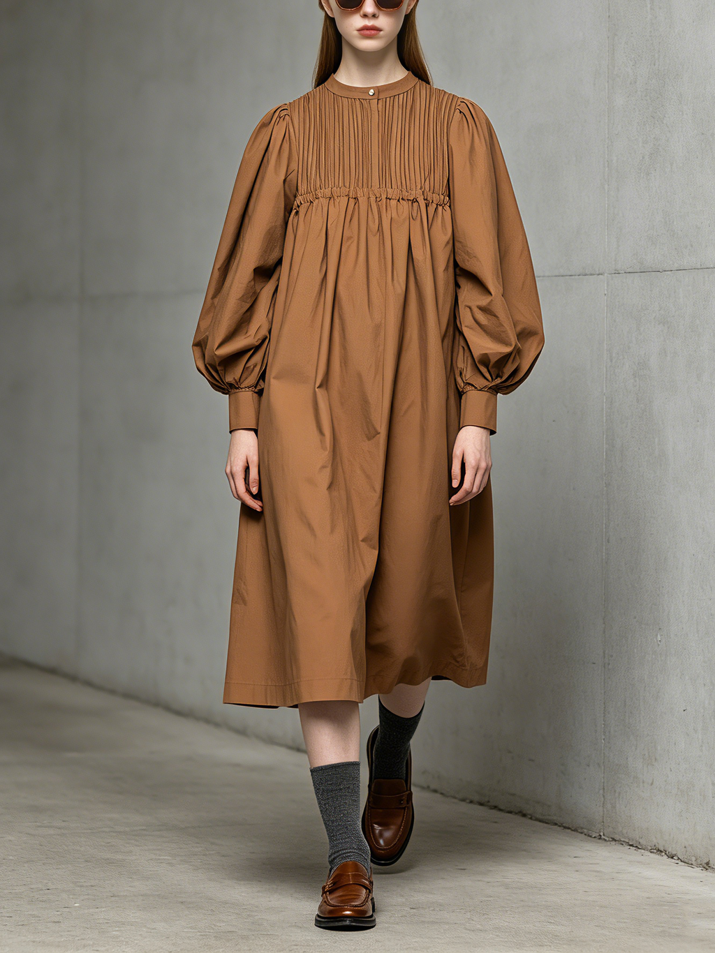 Brown Woven Crew-Neck Long-Sleeve Midi Dress