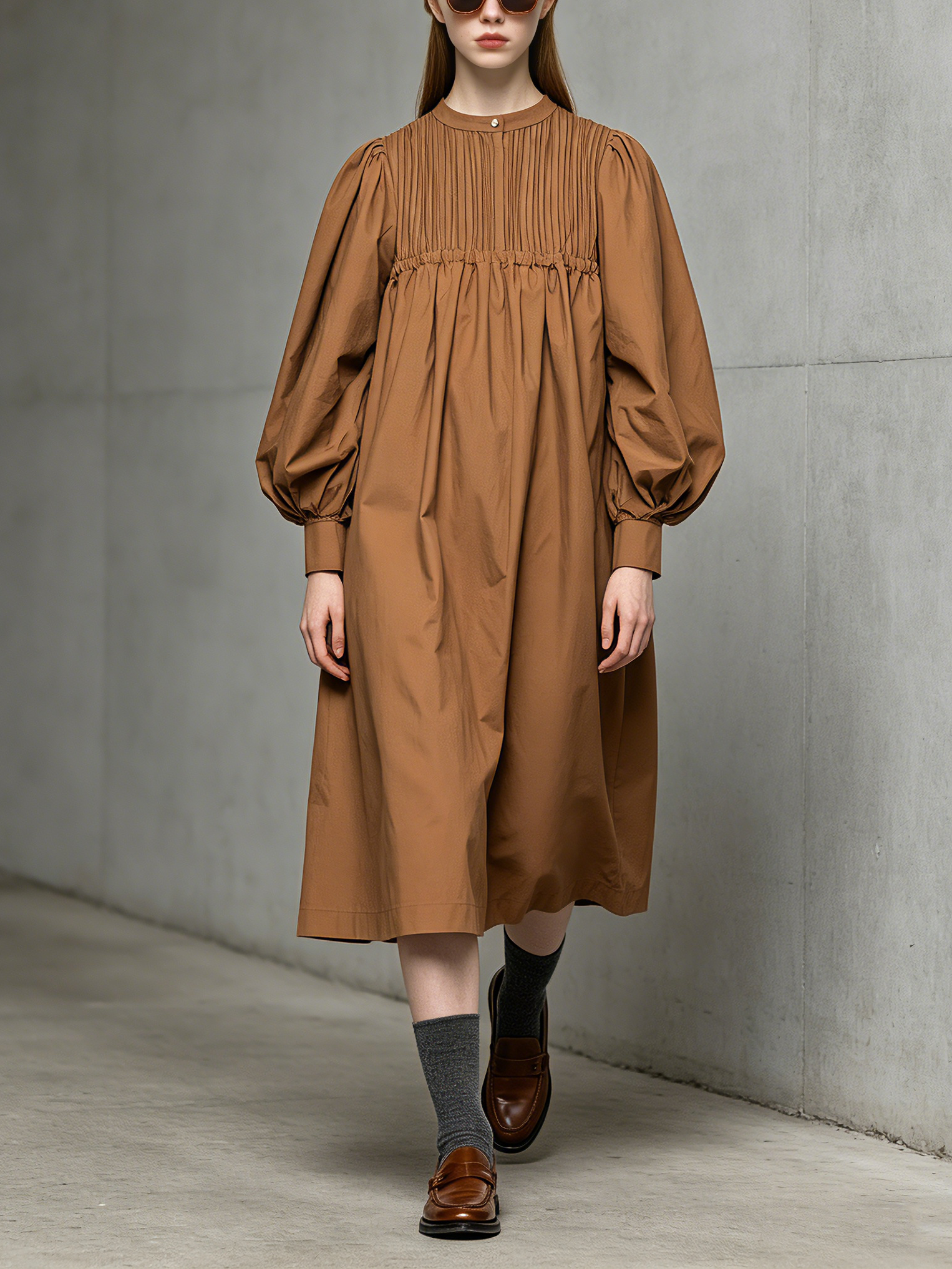 Brown Woven Crew-Neck Long-Sleeve Midi Dress